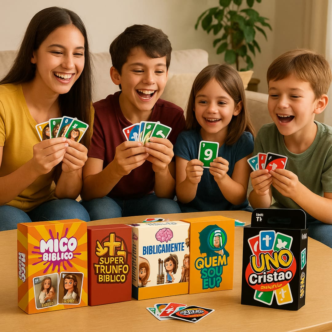 Crianças felizes brincando com os jogos do Bíblia Play